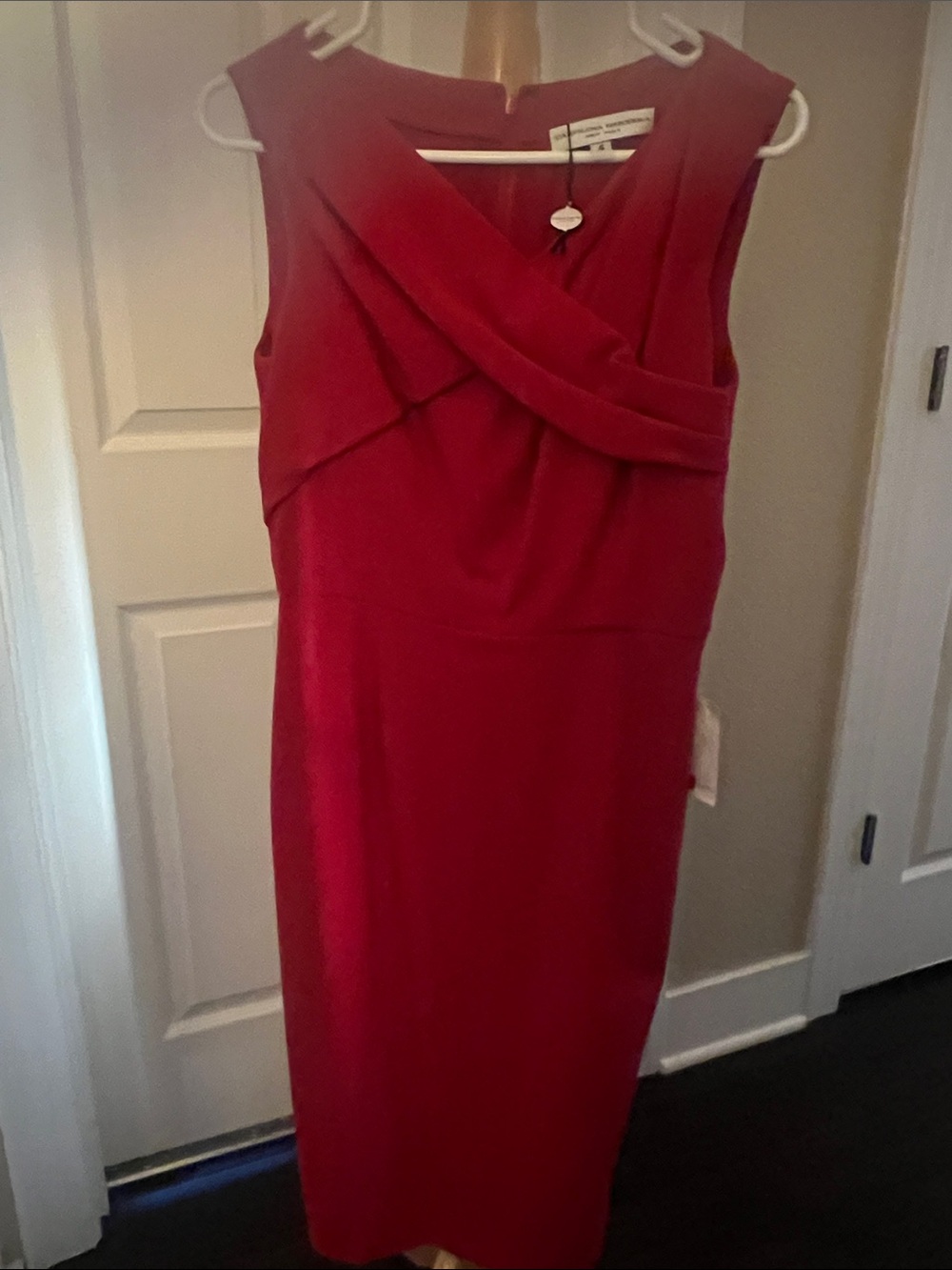 Carolina Herrera Crimson Sleeveless Sheath Dress with Draped Cross-Front